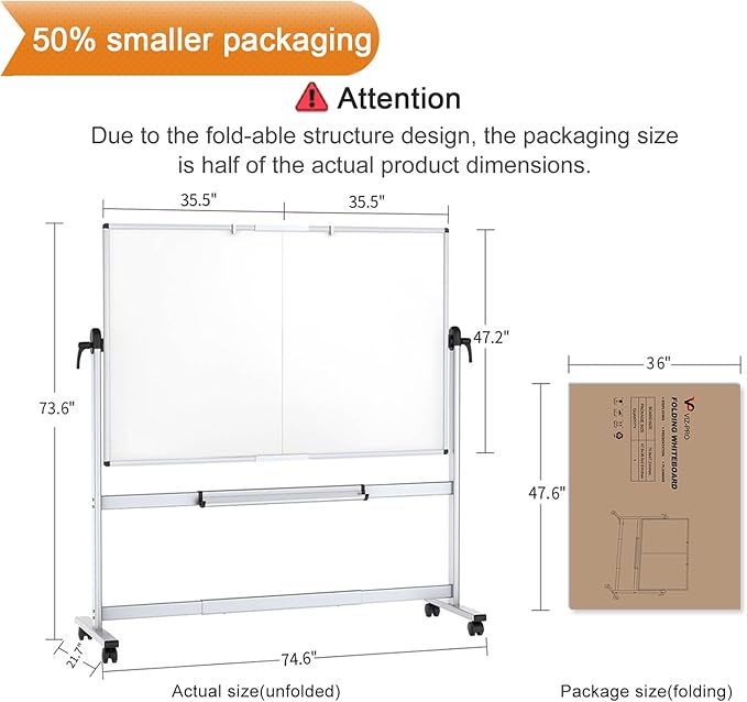 VIZ-PRO Double-Sided Mobile Whiteboard, 72 x 48 Inches, Magnetic Rolling Dry Erase White Board on Wheels with Aluminium Frame and Stand 6' x 4'