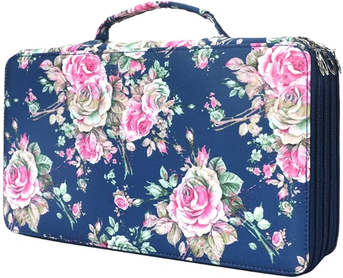 Vomgomfom Large Capacity Pencil Holder - Zipper Closure Twill Fabric Case for 300 Colored Pencils or 200 Gel Pens, Artist Organizer (Blue Rose)