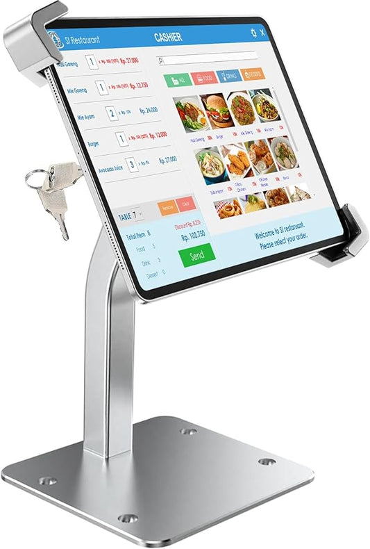 GDZN Anti-Theft Tablet Kiosk Stand with Lock, [Aluminum Arm] Desk Security POS Tablet Stand for Retail/Commercial/Trade Show, Heavy Duty Adjustable iPad Mount for iPad Pro, Galaxy tab, 9-14" Devices