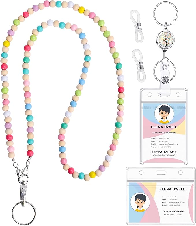 Lanyards for ID Badges Teacher Gifts Cute Wooden Beaded Lanyard with ID Holder Retractable Badge Reel Keys Eyeglass Chains for Women