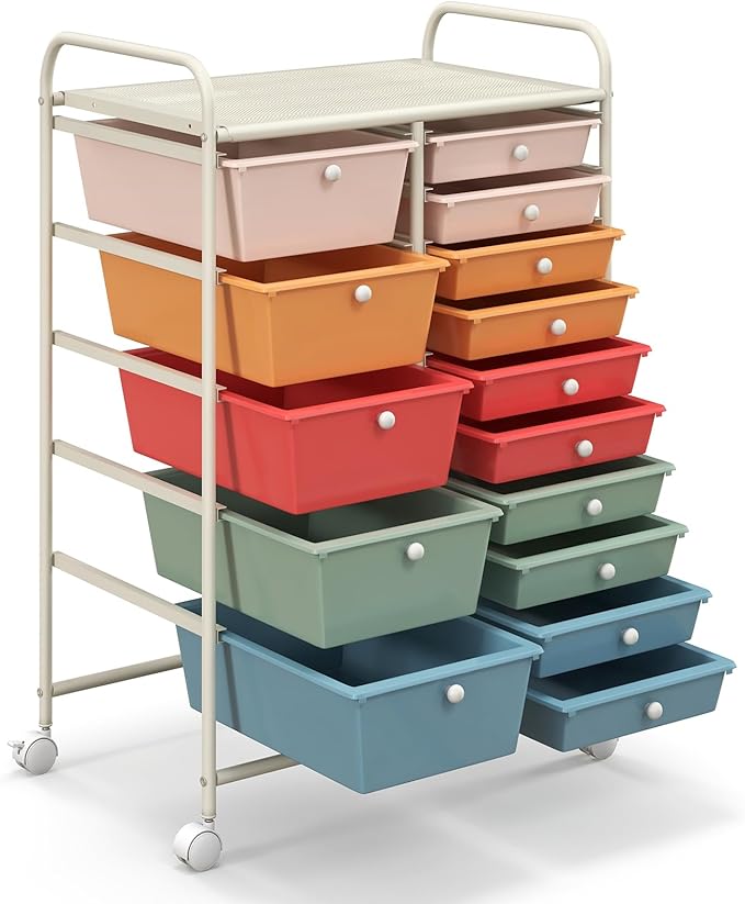 HAPPYGRILL 15-Drawer Rolling Cart, Storage Carts with Removable Drawers & Steel Frame, Utility Cart on Lockable Wheels for Home, School, Office, Macaroon