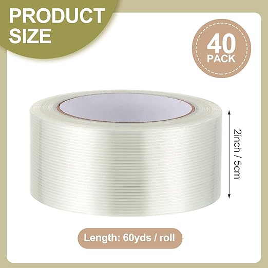 Treela 40 Rolls Strapping Tape 2 Inch X 60 Yards 5.5 Mil Fiberglass Filament Tape Transparent Reinforced Heavy Duty Packing Strips for Shipping Sealing Binding Fixing