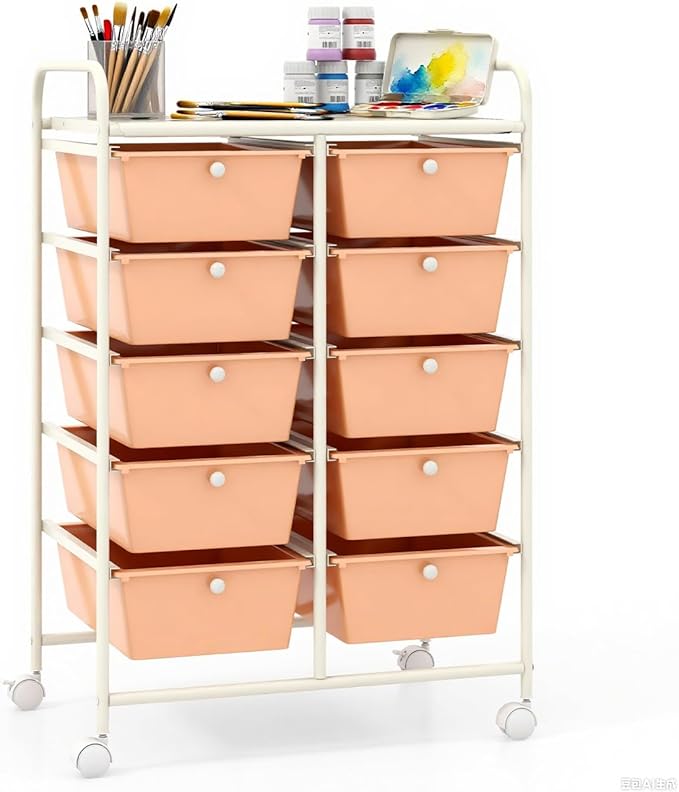 GLACER 10 Drawer Rolling Cart, Storage Cart with Lockable Whieels & Metal Frame, Trolley for Art Craft Oganizer, Mobile Utility Cart for Office, School, Classroom, Kitchen (Peach Fuzz)
