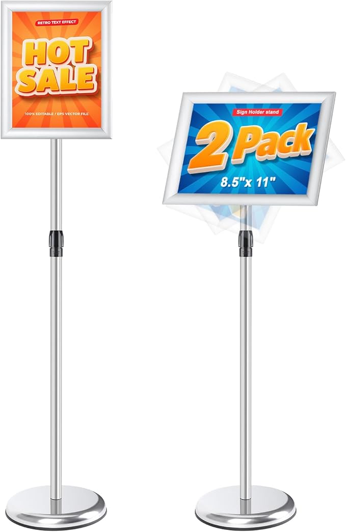 RedChili 2 Pack Sign Holder Stand 8.5x11 Inch, Adjustable Floor Standing Sign Holder Signage Stand with Aluminum Snap-Open Frame Vertical Horizontal View Display For Malls Schools Restaurants (Silver, Sharp Corner)