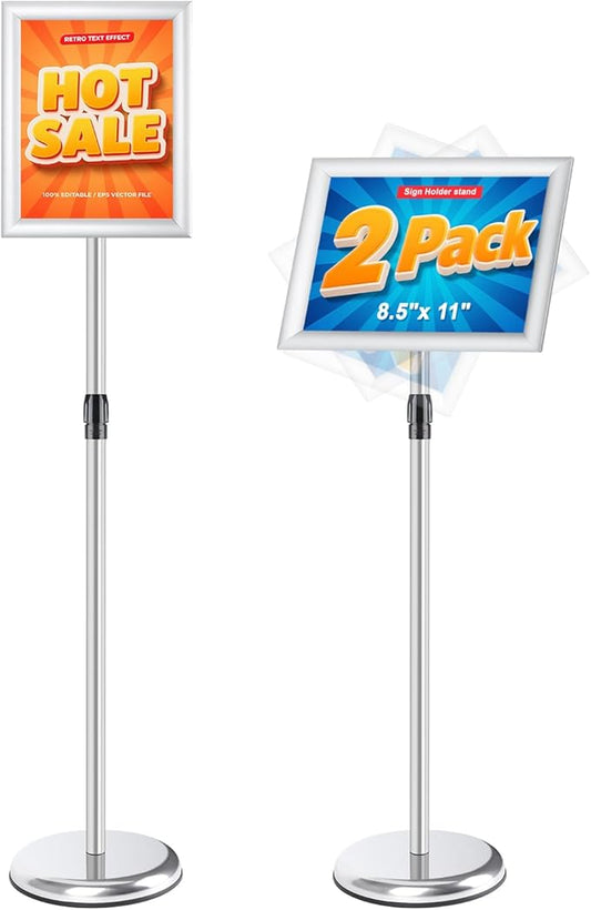 RedChili 2 Pack Sign Holder Stand 8.5x11 Inch, Adjustable Floor Standing Sign Holder Signage Stand with Aluminum Snap-Open Frame Vertical Horizontal View Display For Malls Schools Restaurants (Silver, Sharp Corner)