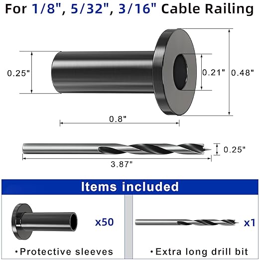 Steel DN Mate 50 Pack Black Stainless Steel Protector Sleeves for 1/8”, 5/32", 3/16" Wire Rope Cable for Wood Post, T316L Marine Grade Cable Railing Kit Hardware DB58