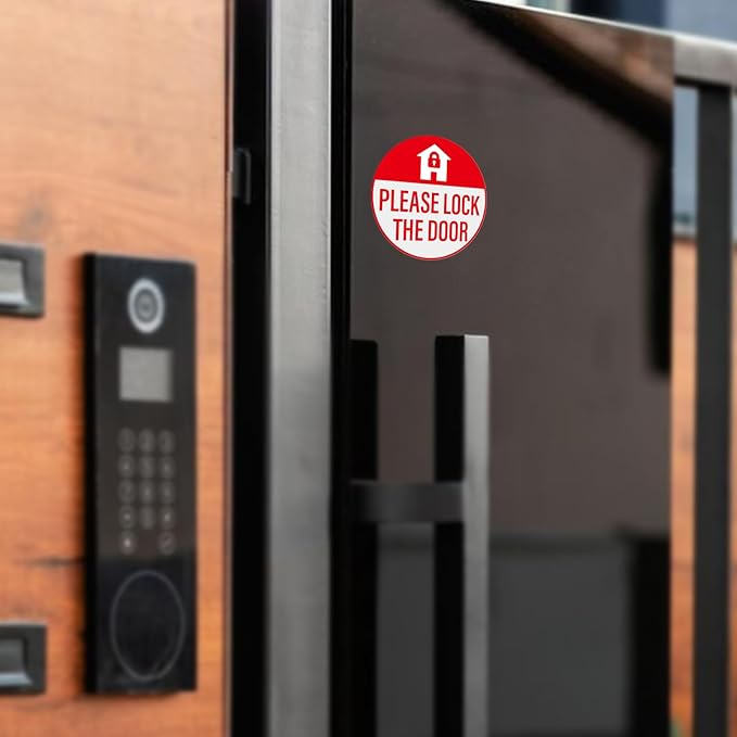 YIKIADA Please Lock The Door Sticker 3 × 3 Inches Vinyl Self-Adhesive Decals Waterproof Close Door Warning Labels Gate Office Window Indoor Clings 10 Pack