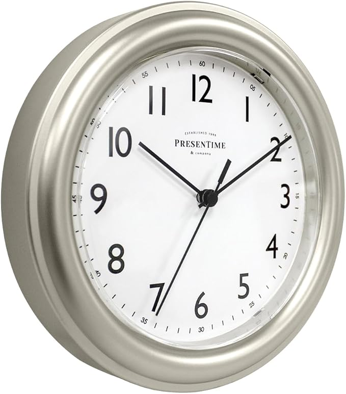 Presentime & Co. 8.5" Modern Farmhouse Essential Wall Clock, Silent Non Ticking, Morning Silver Color. (Wall Clock for Office, Home, Bathroom, Kitchen, Bedroom, and School)