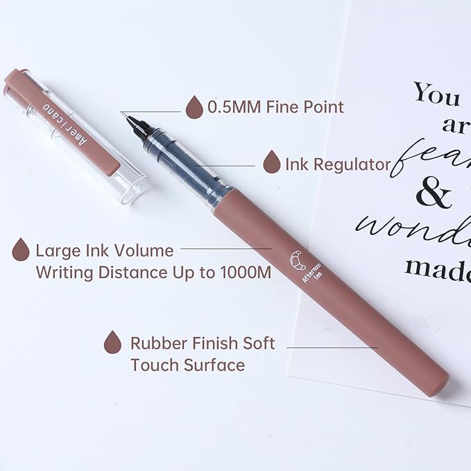 FUNFULL Aesthetic Cute Stick Rollerball Pens, 8pcs Quick Dry Colored Liquid Ink Pens, 0.5mm Fine Point Coffee Gel Pens with Soft Touch Smooth Writing for Journaling Planner School Supplies