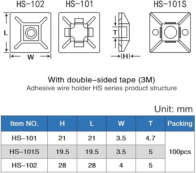 XHF 100 PCS 3/4" Black Self Adhesive Cable Zip Tie Mounts Wire Cable Clips Holders Management Anchors Organizer Holders Squares(HS-101S)