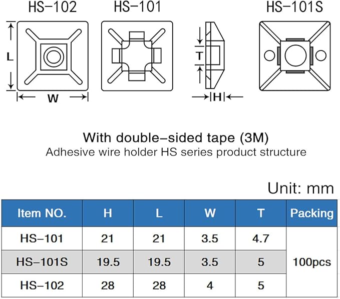 XHF 100 PCS 3/4" White Self Adhesive Cable Zip Tie Mounts Wire Cable Clips Holders Management Anchors Organizer Holders Squares(HS-101S)