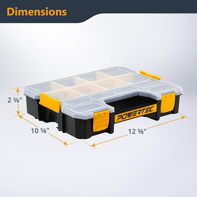 POWERTEC Small Parts Organizer & Tool Box – 14 Compartments, Stackable Storage with Interlocking Latch, Removable Dividers, Clear Lid, Portable Design (72364)
