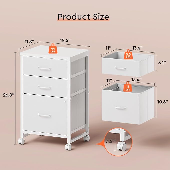 Maihail 3 Drawer Mobile File Cabinet with Wheels Fabric Vertical Filing Cabinet fits A4 or Letter Size for Home Office,White