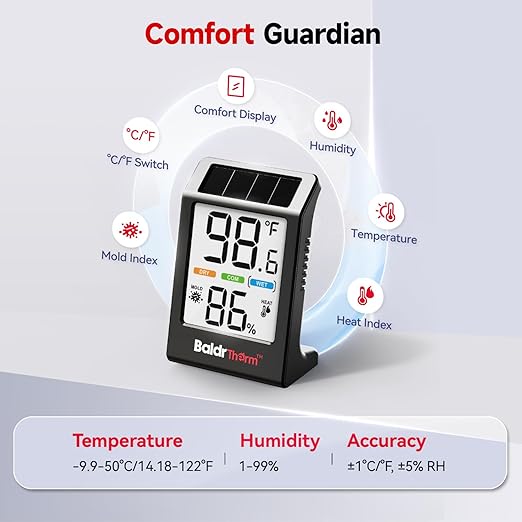BaldrTherm Room Thermometer Indoor Humidity Meter, Solar-Powered 3.2'' Digital Temperature Sensor Monitor with 5-Comfort Indicator for Baby, Home, Office, Black, 1Pack