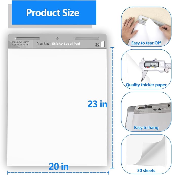 Nortix Flip Chart Paper, Sticky Easel Pads, Chart Paper for Teachers,Super Adhesive & Bleed-Resistant, Large Self-Stick Easel Paper for Classroom/Office, 20 x 23 inch, 30 Sheets/Pad, 3 Pads