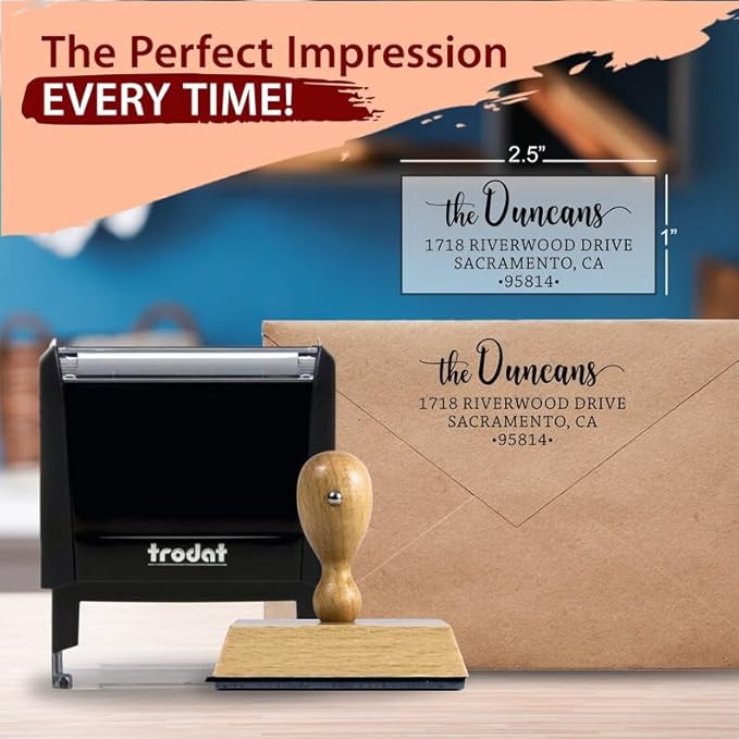 The Duncans Personalized Self-Inking Address Stamp | Envelope Return Address Stamp for Couples and Families | Custom Rubber Address Stamp (2, Wood Handle)