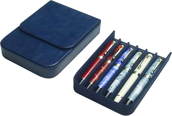 MIVLXLX Leather 6 Fountain Pen/Pencil Tray Case, Handmade, Magnetic Closure with Drawer Design, Gift Choice for Man/Woman/Office, 6 Slots（blue）