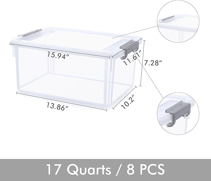 Citylife 17 QT Plastic Storage Bins with Latching Lids Stackable Storage Containers for Organizing Large Clear Storage Box for Garage, Closet, Kitchen, 8 Packs