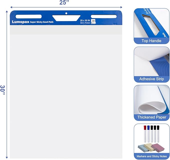 Lumspax Sticky Easel Pads 25x30 In, 3 Pack Large Self Stick Flip Chart Paper with Enhenced Power, 90 Sheets Total