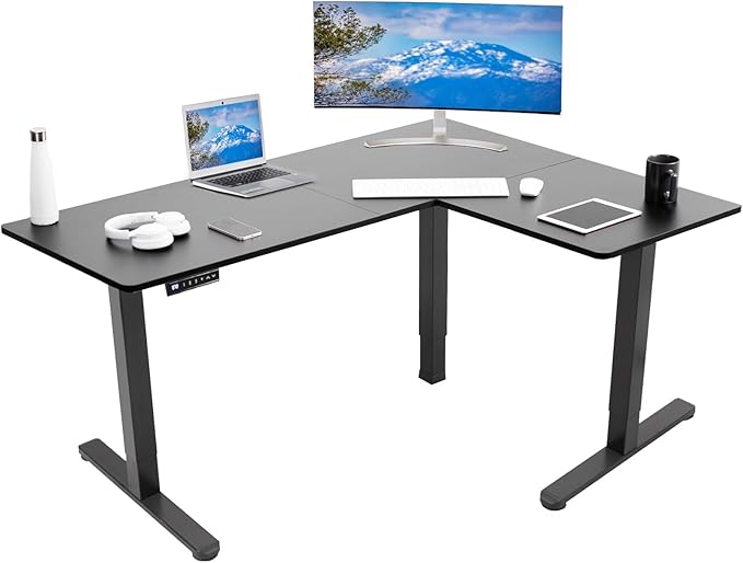 VIVO Electric Corner 63 x 47 inch L-Shaped Standing Desk, Memory Height Adjustment, Black Top Black Frame, DESK-E3CTB-47