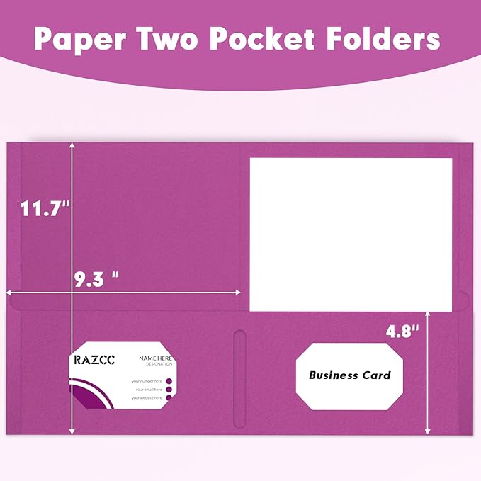 Two Pocket Folders, RAZCC 50 Pack 2 Pocket Folders Fit Letter Size Paper, Paper Folders with Pockets for School Office Business Home (Rose Purple)