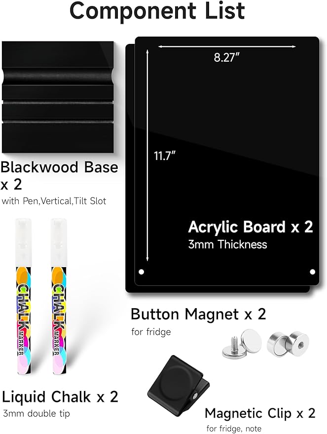 Kivsty 2 PCS Desktop Black Dry Erase Board with Stand - 12” x 8” Small Acrylic Black Board with Marker and Magnetic Clip, Reusable Desk Notepad, to-Do List, Menu Board Signs for Bar, Office, Home