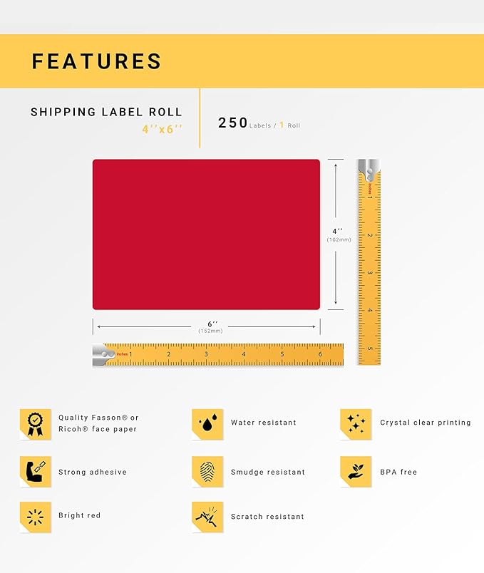 HOUSELABELS 4" x 6" Red Shipping Labels on 1" Core Compatible with Zebra and Rollo Printers, 8 Rolls / 250 Labels per Roll