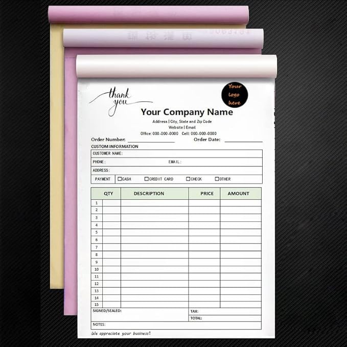 Custom Carbonless Sales Invoice Form Books for Small Business, Personalized NCR 3-Part Receipt Book with Carbon Copies, Cover Add Company Name, Address and Number Printed