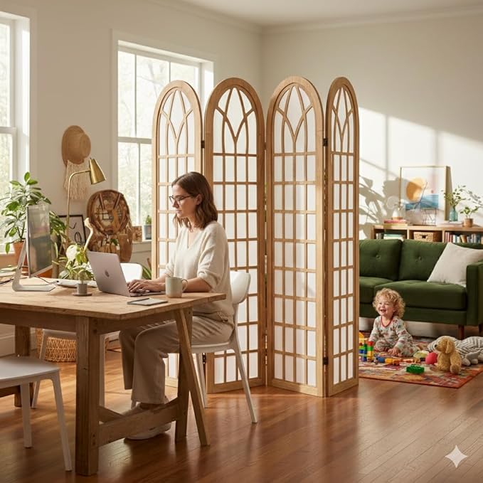 Asnefeli 4 Panel Japanese Room Divider, Shoji Style Partition Divider, Fully Assembled Wooden Privacy Screen for Home Office Bedroom Apartment Decoration, Natual