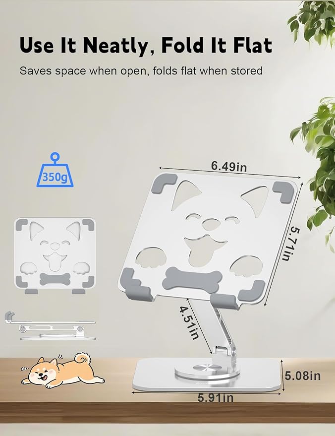 Aoviho Adjustable Tablet Stand for iPad - 360° Rotating Aluminum Desk Holder, Foldable Stable Stand for iPad Pro 12.9/11, Samsung Galaxy Tab, Home Office & Travel, Silver