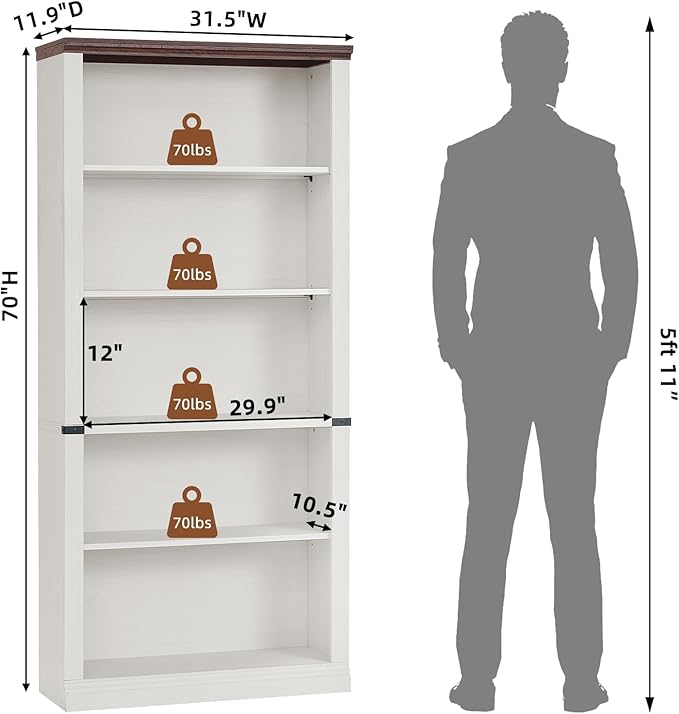 RWYHG 70" White Tall Bookshelf Set of 4,5-Tier Thick Wooden Book Shelf with Adjustable Shelves,Free Standing Farmhouse Bookcase with Open Display Storage,Floor Vintage Bookshelves for Living Room