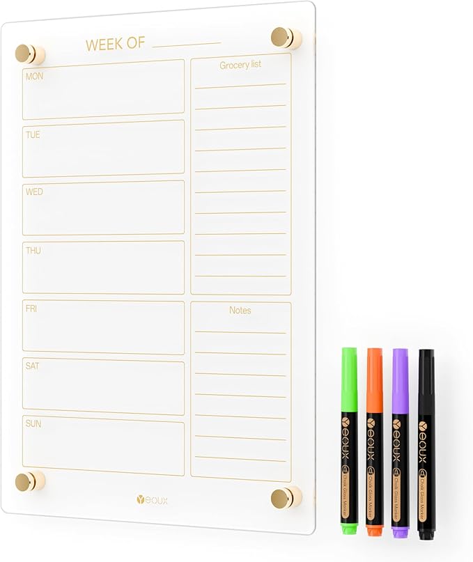 Clear Glass Weekly Dry Erase Calendar & Menu Non-Magnetic Whiteboard for Wall, Meal Plan & Grocery List White Board for Kitchen, 15x11, 7 Days Home Planner, 4 Wet Erase Markers Included, Yeoux