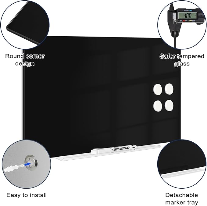 Magnetic Glass Whiteboard for Wall, 16" x 12" Glass Dry Erase Board, Large Frameless White Board for Home and Office - Black