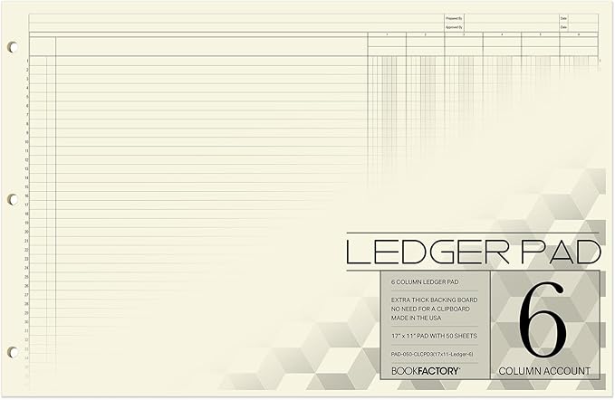BookFactory Ledger Pad/Large 6 Column Accounting Ledger Columnar (Six Columns) Pads - 17'' x 11'', 50 Pages, Notepad Landscape Format (Made in USA)