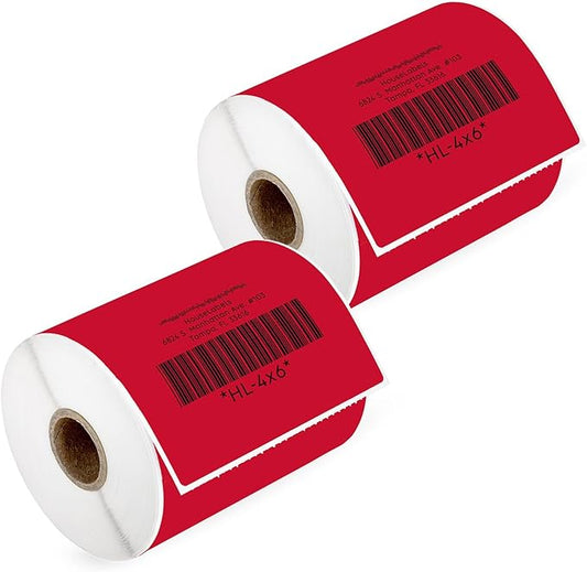 HOUSELABELS 4" x 6" Red Shipping Labels on 1" Core Compatible with Zebra and Rollo Printers, 2 Rolls / 250 Labels per Roll