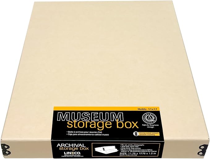Lineco Museum Archival Storage Box, 11.75x17.75x1.5 in. Drop Front Design. Acid-Free with Metal Edge. Organize Photos, Pictures, Prints, Documents, Crafts, DIY. Tan, 1 Pack