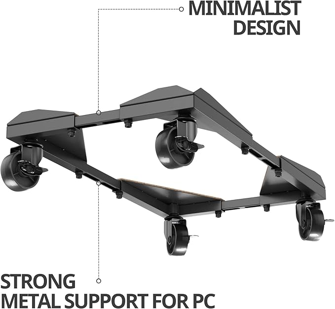 Bytesium PC Tower Stand – Metal Frame – Adjustable Width and Length – 4 Locking Wheels – Cork Pads – Computer Tower Stand for ATX – Easy Assembly – Wide Size Range – Computer Cart – CPU Holder