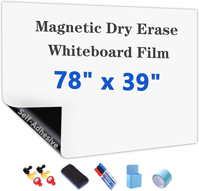 Magnetic Dry Erase Whiteboard Paper with Adhesive, 78" x 39" White Board Film for Wall, Easy to Write and Clean Dry Erase Board for Office, Classroom, Home, Include Marker, Magnetic Eraser and Magnets