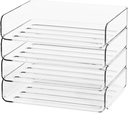 FANXIYQ 4-Tier Acrylic Paper Tray Organizer - Low-Profile Desk File Sorter for Office/Home, Clear Stackable Letter Tray for Bills, Crafts, Notebooks
