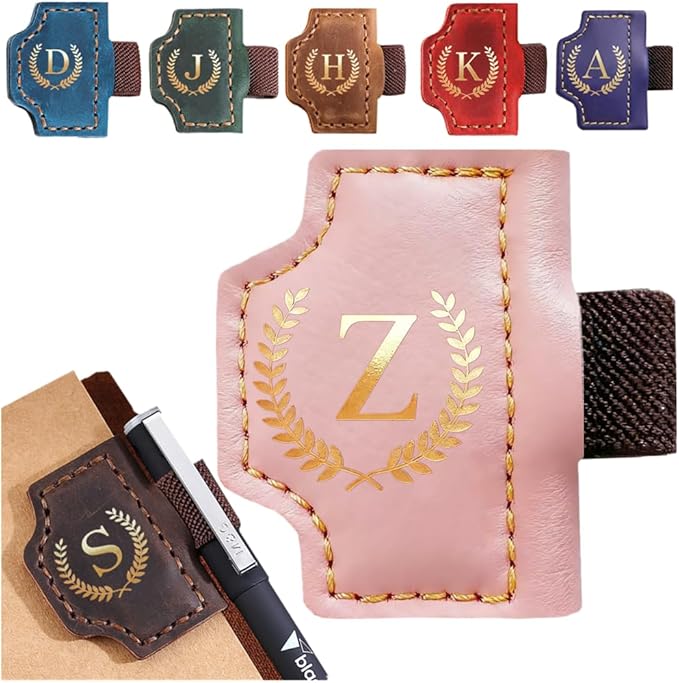 Personalized Mark Bookmark with Pen Holder, Leather Magnetic Book Marker 26 Letters,Custom Initials Page Marks, Gifts for Book Lovers Readers Men Women (Pink, Z)