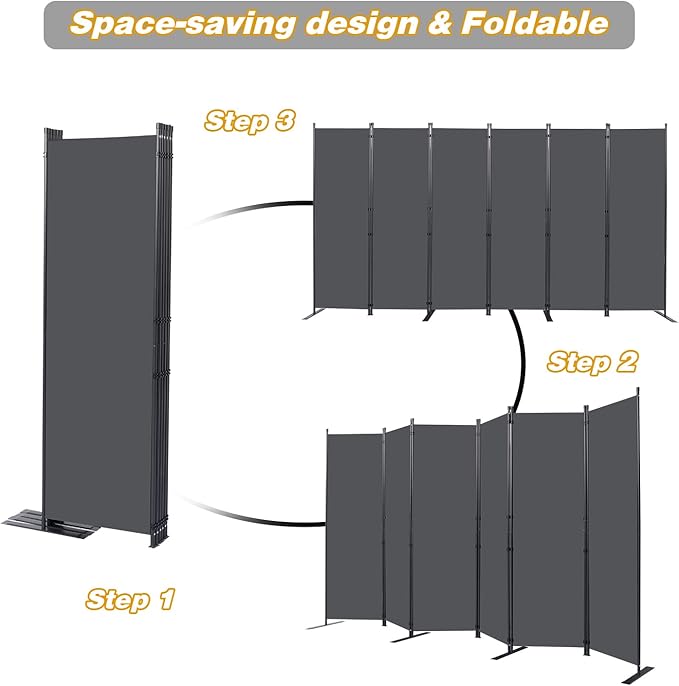 CHOSENM Room Divider, 6 Panel Folding Privacy Screens with Wider Support Feet, 6 Ft Portable Room Partition for Room Separator, 132" W X 71" H, Grey