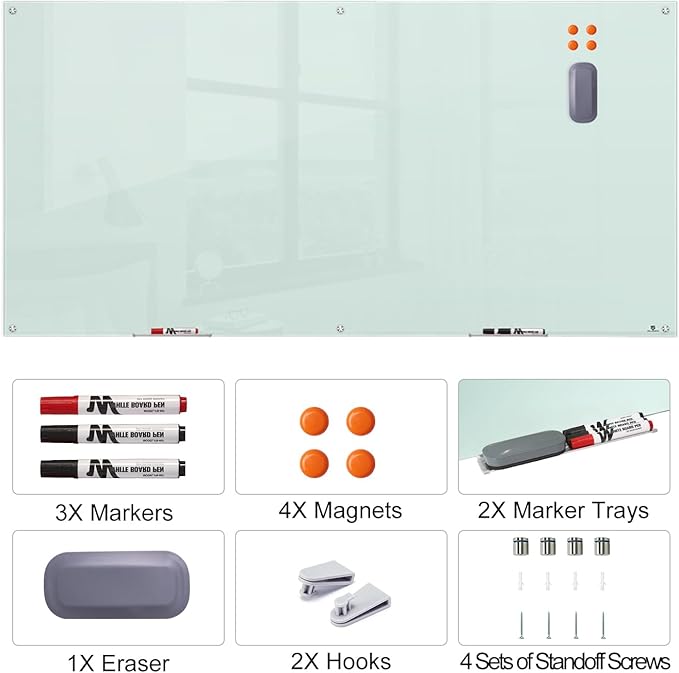 TSJ OFFICE Glass Dry-Erase Board - 8 x 4 Ft Wall Mounted Glass Magnetic Whiteboard, 96" x 48" Extra Large Frameless White Board for Office, Home & School