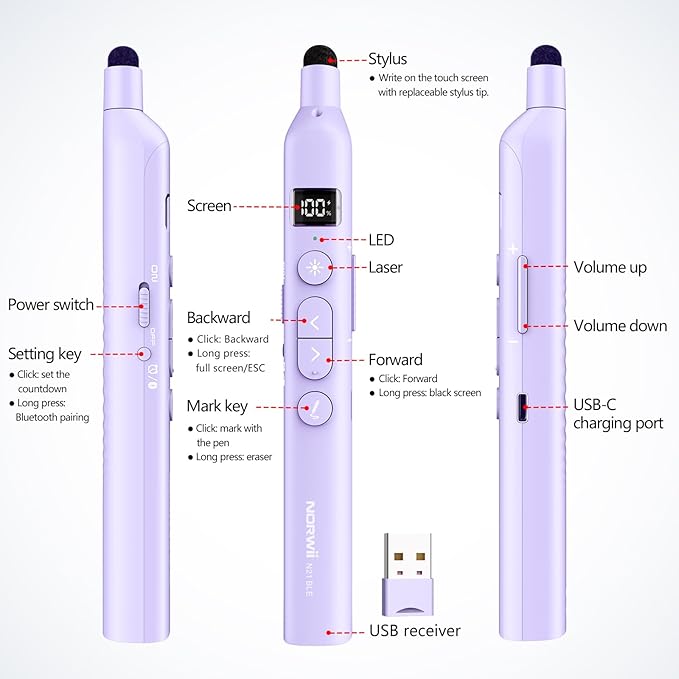 Norwii N21 Bluetooth Presentation Clicker with Telescopic Teaching Pointer, Presentation Remote with Retractable Stick for PowerPiont, Wireless Presenter, Slide Advancer - Purple