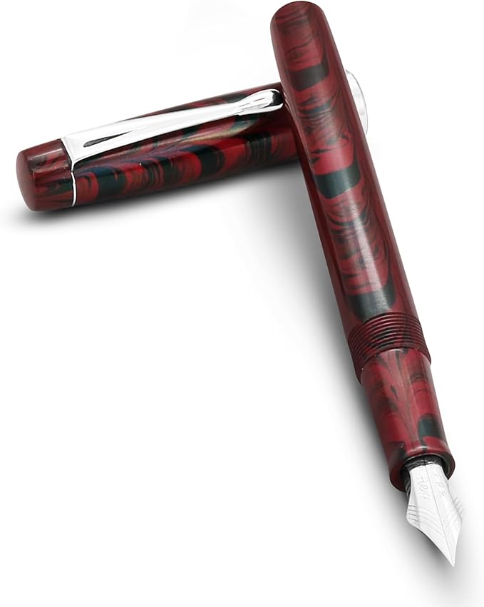 FPR Himalaya V2-Chrome Ultra Flex Nib Pen - Twist-Style Converter Filled Calligraphy Pens for Writing - Fancy Pens for Men & Women - Flex Fountain Pen w/Metal Clip & Cap Ring (Maroon Ebonite)