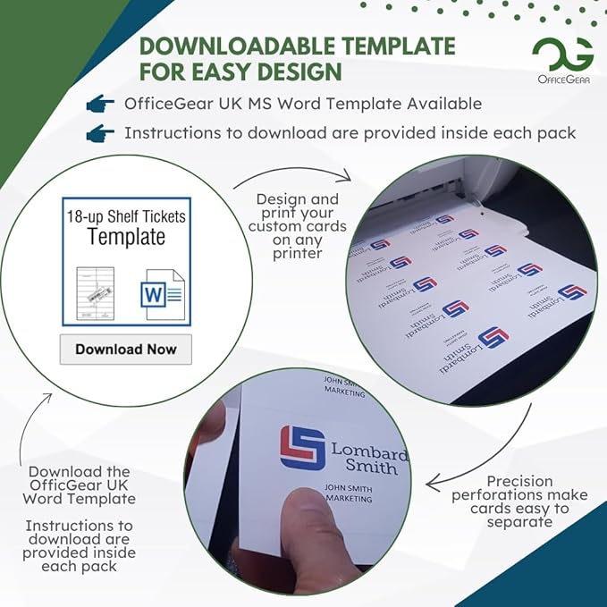 OfficeGear Shelf Edge Barcode Price Ticket Labels 18-up [25 Sheets - 450 Pack] 30x105mm Custom Printable A4 Card Micro Perforated Non-Adhesive Merchandise Tag with Free Downloadable Design Template