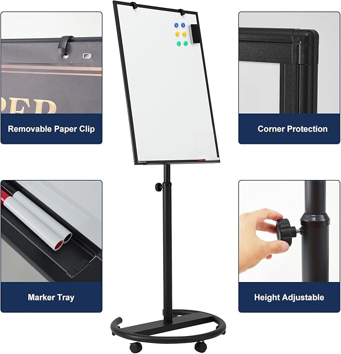 TSJ OFFICE Mobile Whiteboard Standing - 36 X 24 Inches Magnetic Rolling White Board, Height Adjustable Dry Erase Board on Wheels with Flip Chart Hooks, Black
