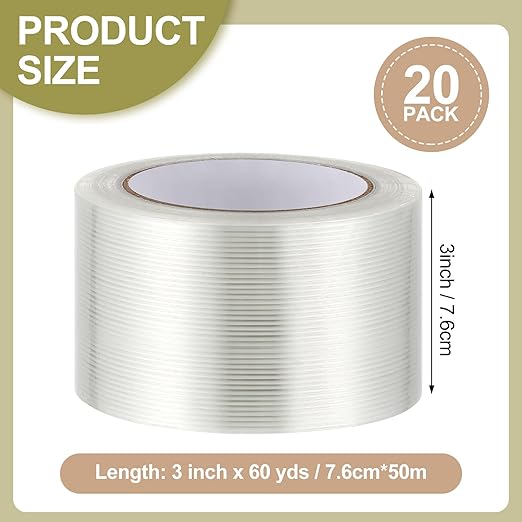 Treela 20 Rolls Strapping Tape 3 Inch X 60 Yards 5.5 Mil Fiberglass Filament Tape Transparent Reinforced Heavy Duty Packing Strips for Shipping Sealing Binding Fixing