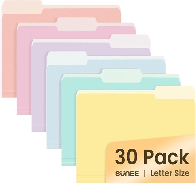 SUNEE File Folders, 30 Pack Manilla Folders 8.5 x 11, Colored File Folders Home Office School Supplies for Documents Files Paper, 6 Soft Colors