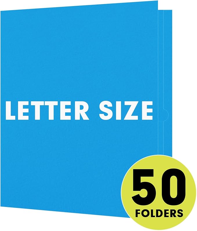 Two Pocket Folders, RAZCC 50 Pack 2 Pocket Folders Fit Letter Size Paper, Paper Folders with Pockets for School Office Business Home (Blue)