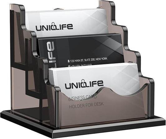 Uniclife Acrylic Business Card Holder for Desk 3 Slots Horizontal Business Card Display Stand for Men and Women Desktop Name Card Organizer Card Stand for Office Home, 180 Card Capacity, Black